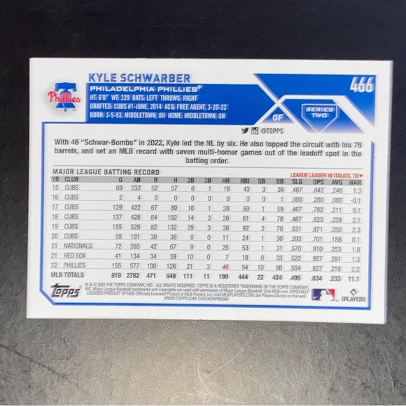 Kyle Schwarber - Rainbow Holo 2023 Topps Series Two #466 - Picture 2 of 2